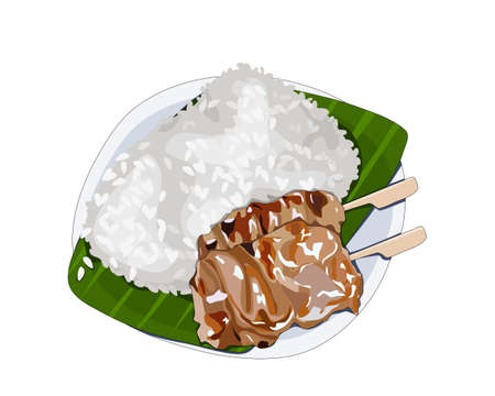 moo ping, Thai sweet pork grilled and sticky rice on plate. Isolated set of pork grilled and steamed sticky rice on white background. Close up food and beverage.のイラスト素材