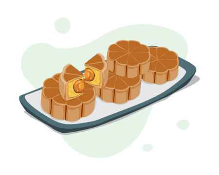 Isolated plate of mooncake filled sweet mung bean paste and salted egg yolk served on light green plate.Close up view macro concept to present details. Asian food vector illustration.のイラスト素材