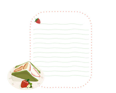 Matcha strawberry chiffon cream cake and blank text box. Isolated strawberry sandwich cream on white background. Bakery vector hand drawing illustration. Close up authentic anime food.のイラスト素材