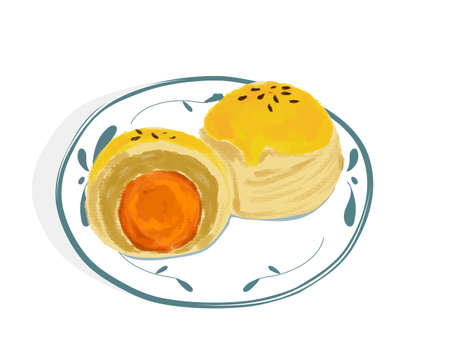 Shanghai mooncake with salt egg yolk on white plate. Isolated plate of mooncake whole and half on white background. Hand drawing vector illustration. Asian food, mid autumn festival.のイラスト素材