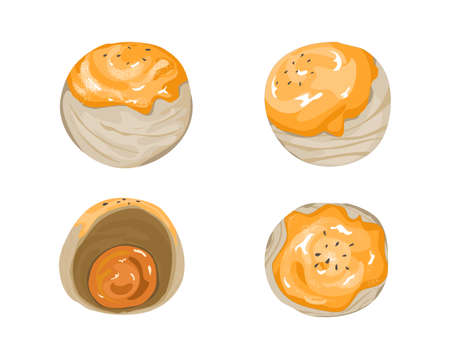 Isolated Shanghai mooncake in different view on white background . Hand drawing vector illustration. Authentic Asian food and snack.のイラスト素材