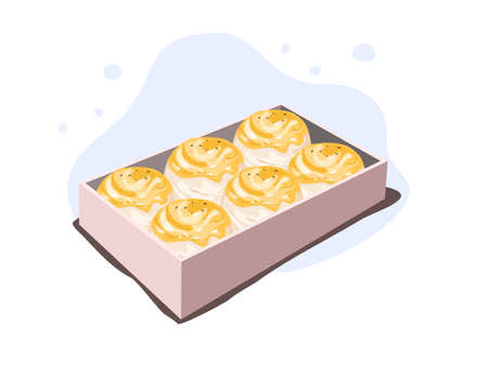 Isolated Shanghai mooncake in a box on white background. Hand drawing vector illustration asian snack. Mid autumn festival.のイラスト素材
