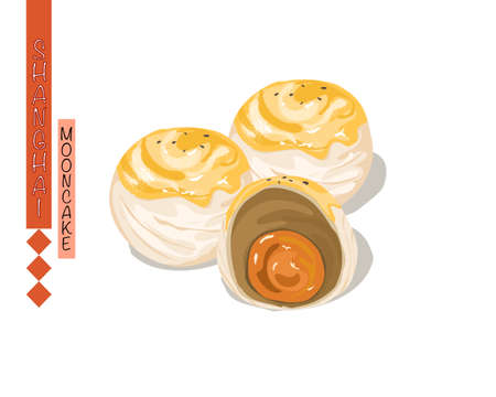 Isolated Shanghai mooncake whole and half with salt egg yolk and bean favour on white background. Mid autumn festival, asian culture vector illustration.のイラスト素材