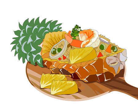 Thai pineapple fried rice recipe. Rice fry with pineapple slice, shrimp, carrot, pea and onions. Isolated fired rice serve in whole pineapple on white background. Thai food vector illustration.のイラスト素材