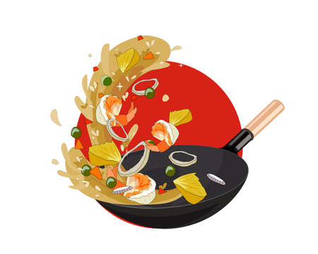 Thai pineapple fried rice recipe. Rice fry with pineapple slice, shrimp, carrot, pea and onions. Isolated stirred fired rice with ingredients come up from the pan. Thai food cooking vector.のイラスト素材