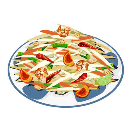 Som tum- sour and spicy Thai papaya salad. Isolated a plate of Thai papaya salad on white background. Asian traditional food vector drawing. Close up food vector illustration.のイラスト素材