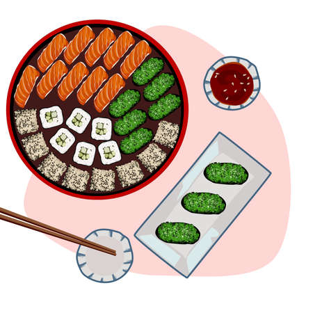 Isolated sushi set on red plate with soy sauce and chopsticks on simple background. Authentic food vector drawing illustration. realistic vector. Asian ,Japanese menu.のイラスト素材