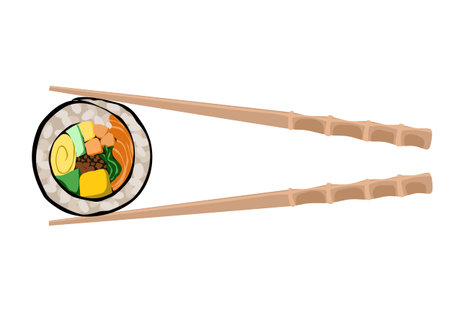 Isolated Korean kimbap on white background. Wooden chopsticks holding a kimbap. Rice, meat, Kim chi and vegetables roll with seaweed. Authentic Asian food, Korean street food, a slice of rice roll.のイラスト素材