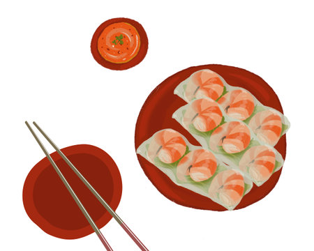 Set of Rice paper shrimp wraps. Vietnamese rice paper wrapper over the vegetables and shrimp with...