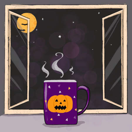 Halloween night background, yellow pumpkin paint on purple coffee mug near the window with night scene, full moon, bats and stars on black sky. relax night time. Hand drawing halloの写真素材