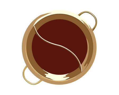 Plain hot pot. Isolated two flavour hot pot soup on white background. Top view chalu pot vector illustration, golden brass pot separated two side for soup.Kitchen ware, anime cookeのイラスト素材