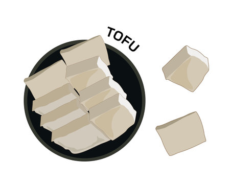 isolated TOFU,fresh tofu, soy bean pudding slice on black round plate. vector food ingredients illustration, high protein food from soy bean, vegetarian recipe, organic product. naのイラスト素材