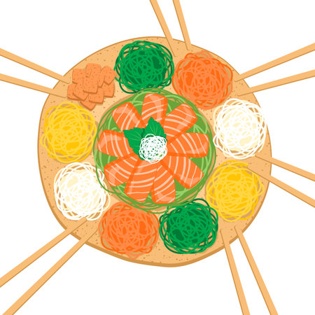 Yu Sheng, prosperity fish raw salad with chopsticks on a table top view. Isolated close up Yu Sheng vector illustration.New year plate with chopsticks around, Chinese New Year, salのイラスト素材