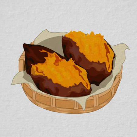 Isolated  whole and a half roasted yellow sweet potato in a bamboo basket on white background. Food ingredients vector illustration. Close up authentic Yaki Imo vector drawing. papのイラスト素材