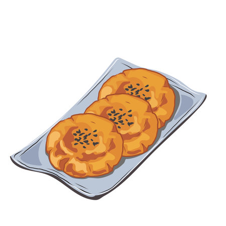 Chinese pumpkin cake on plate,Traditional Crispy Chinese pumpkin cake dessert for holiday, deep fried recipe, yellow snack with black sesames on top  Authentic Asian cuisine vectorのイラスト素材