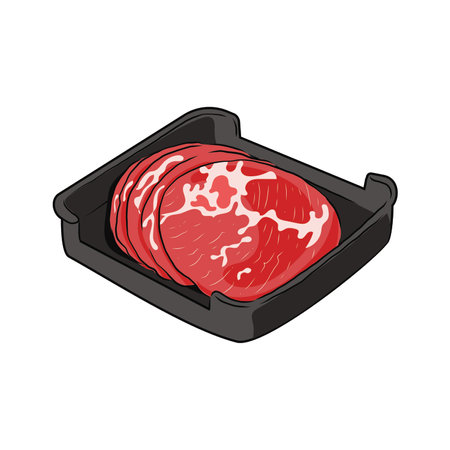 Isolated pork Boston butt, a thin sliced of Fresh Pork meat in black plate, vector hand drawing food ingredient illustration. Sliced meat, hight protein food, uncooked food hot potのイラスト素材