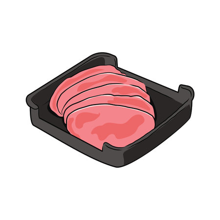 Isolated sliced Fresh Pork meat in black plate, vector hand drawing food ingredient illustration. Sliced meat, hight protein food, uncooked food hot pot ingredients.のイラスト素材