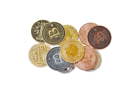 A mix group of physical cryptocurrency, Bitcoin, Ethereum, Litecoin, Dash stack on white background, Isolated with clipping path, Top viewの写真素材