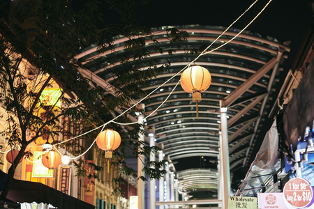 China Town, Singapore - March 26, 2013: The lanterns hanging above the street in Chinatown of Singapore at nightのeditorial素材