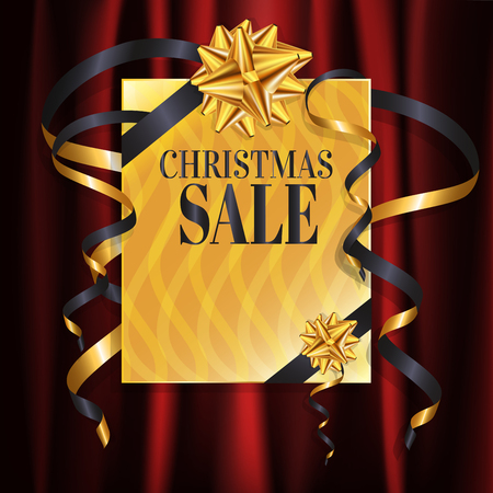 Luxury gold Christmas and New Year sale banner design with gift, present box on red satin soft and crumpled cloth background with copy space. EPS10 Vector illustration.のイラスト素材