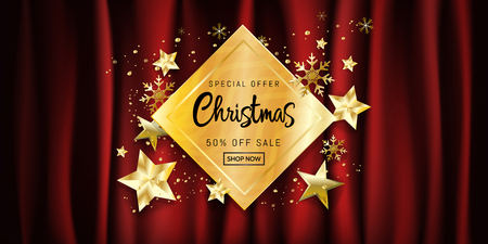 Elegance Christmas calligraphic design for sale banner poster promotion on gold gift box with snowflakes and stars decoration on dark red satin background with copy space. Vector illustration.のイラスト素材