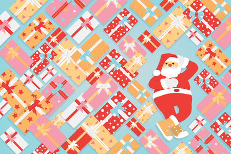 Santa Claus cartoon character funny pose with a bunch of Christmas and New Year gifts box. Vector illustration.のイラスト素材