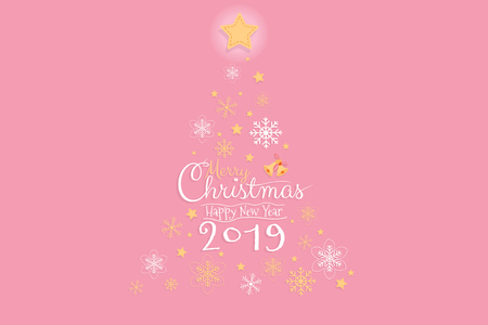 Merry Christmas and Happy Nea Year 2019 invitation card, banner design with Calligraphy hand script with pink background. Vector illustration.のイラスト素材