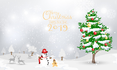 Snowman and Christmas tree on snow background design for invitation, greeting card. Merry Christmas and Happy New Year 2019 calligraphy on winter snow background. Vector illustration.のイラスト素材