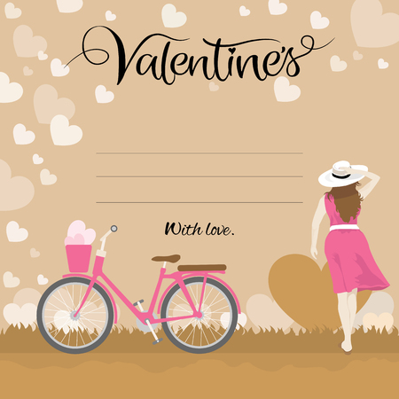 Happy valentines day greeting card, love card template with typography text with beautiful woman and bicycle, Vector illustrationのイラスト素材