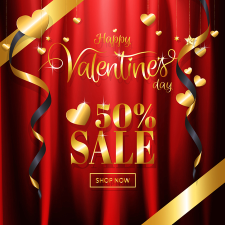 Luxury Valentine's day sale with red gold background calligraphy and glitter heart, star ornamental decoration on red satin fabric background for promotion banner, posters. Vector illustration.のイラスト素材