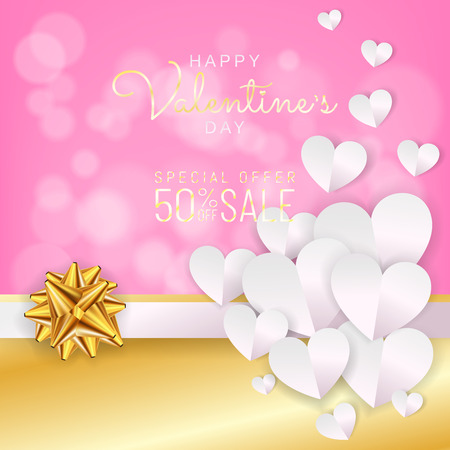 Valentines day sale background, Discount card, greeting card paper cut style (digital craft, paper art), Gold ribbon, Paper hearts decoration on sweet pink color background. Vector illustration.のイラスト素材