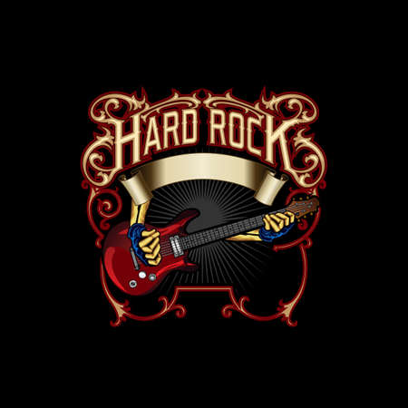 Hard Rock Logo Template of Hands Holding Electric Guitar with Place for Textのイラスト素材