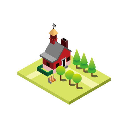 Barn with Trees and Bench Isometric Flat icon illustration Isolated Whiteのイラスト素材