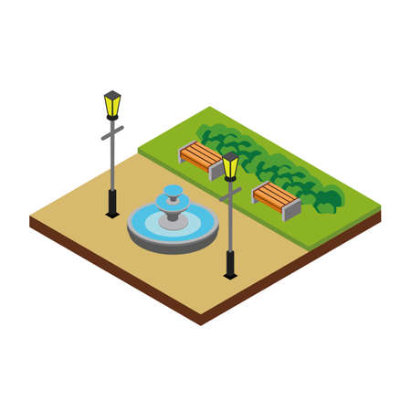 Isometric Green Landscape Park with Classic Lamp and a Fountainのイラスト素材