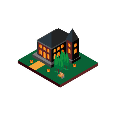 Medieval Building with Trees and Halloween Pumpkin Isolated Whiteのイラスト素材