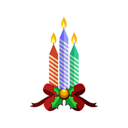 Three Christmas Candle Lighten Up with a Red Ribbon and Golden Jingle Bell Isolated Whiteのイラスト素材