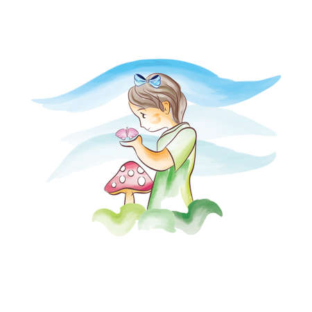 Watercolor Vector Illustration of Young Girl in Wonderlandのイラスト素材
