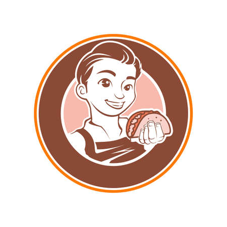 Young Kid Holding a Tortilla Logo Emblem Badge for Restaurand and Food Industryのイラスト素材