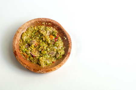 Sambal Bawang on Left Side with Place for Text on Right Side White Backgroundの写真素材