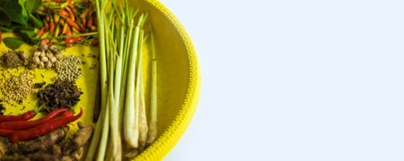 Rempah Rempah Bumbu Dapur Lengkap Lemmongrass with All Herb and Spices in Yellow Winnowing Tray or Tampah  Closeup and Place for Textの写真素材