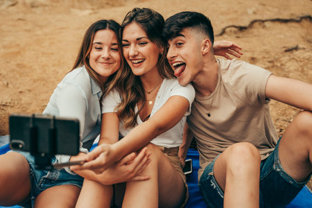 Friends taking a photo while hugging in nature.の写真素材