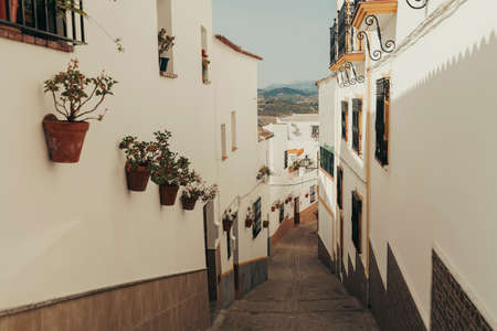White ancient village on top of a mountain in Spain.の写真素材