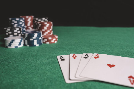 Poker cards, chips, dice on the game table. Casino concept. Black jack