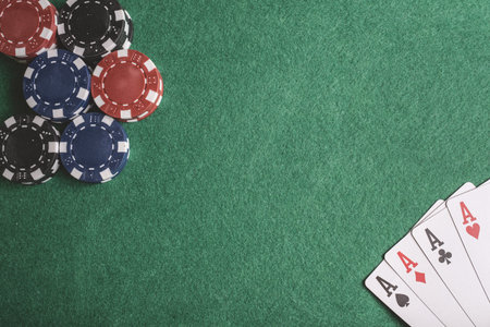 Poker cards, chips, dice on the game table. Casino concept. Black jack
