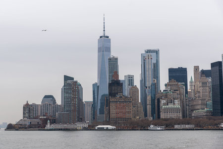 Manhattan skyline from the Hudson River with soft fog blurring the city
