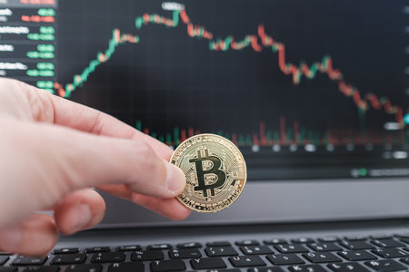 Bitcoin currency in the foreground and with the defocused background of the Bitcoin and...