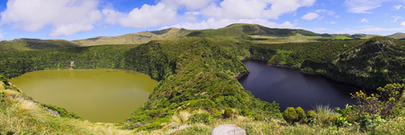 Beautiful panoramic view on twin lakes Lagoa Comprida and Lagoa Funda on Flores island Azores archipelago, Portugal, Europeの写真素材