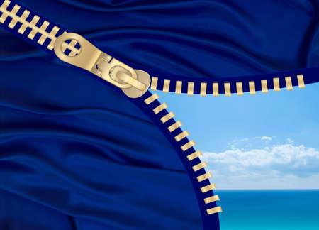 Open blue zipper showing sky and seaの写真素材