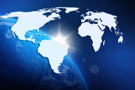 Map of the world: blue map of the world and globein the space to background.の写真素材