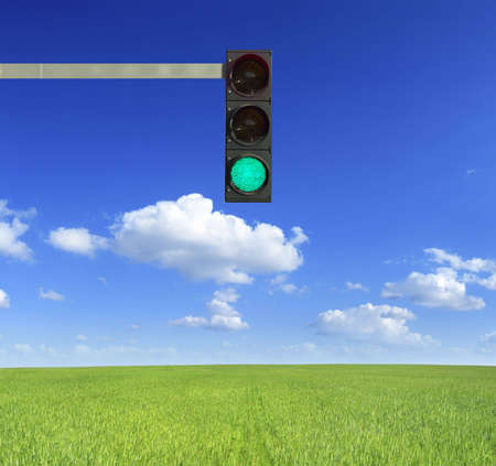 Traffic light on a green field in a sunny day.の写真素材